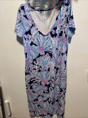 Lilly Pulitzer Dress Malin Midi Deep Sea Navy Shells Bells Short Sleeve L New